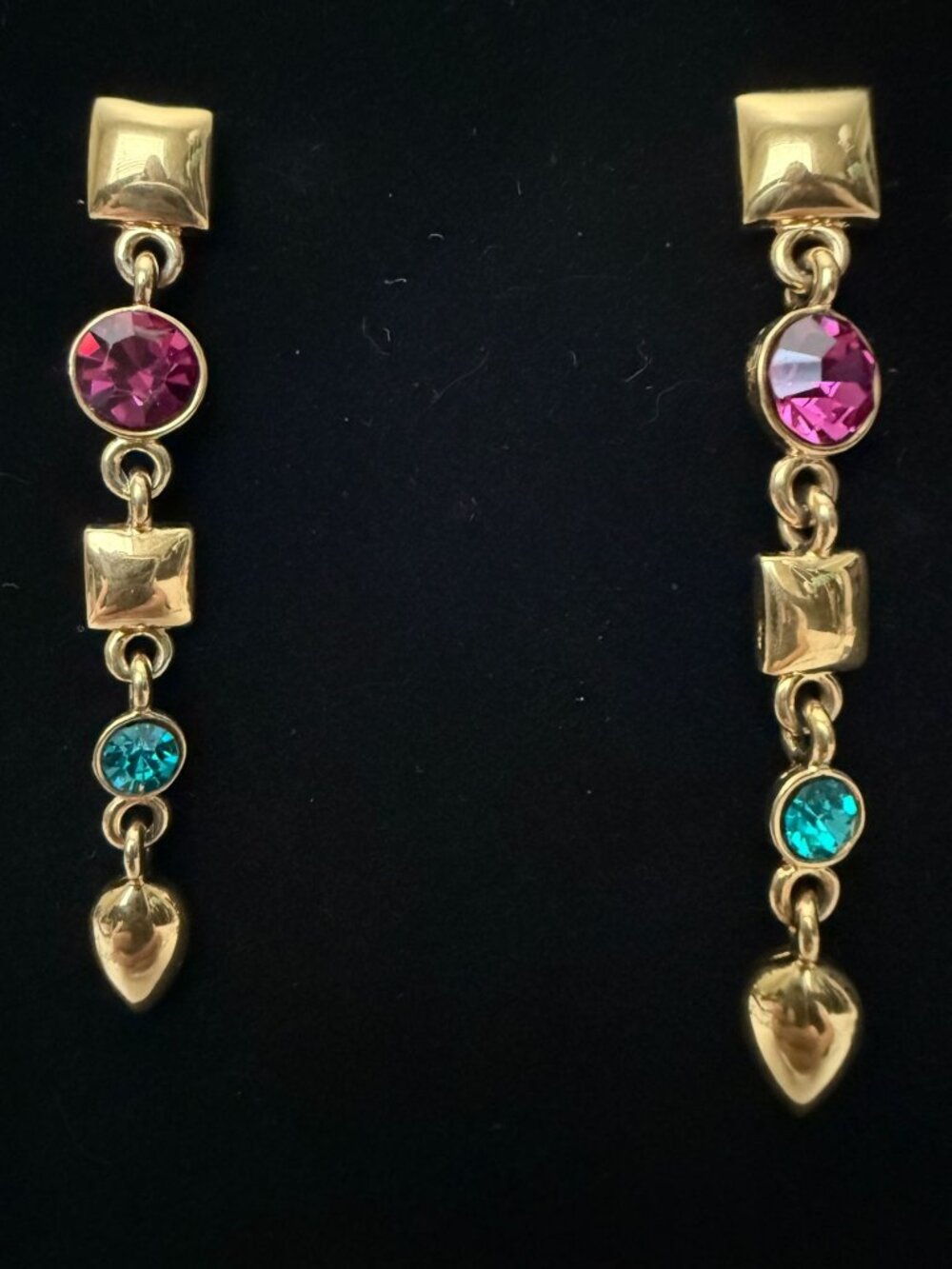 Vintage Napier Gold-Tone Dangle Earrings Pink Turquoise Rhinestones 2.25" Long